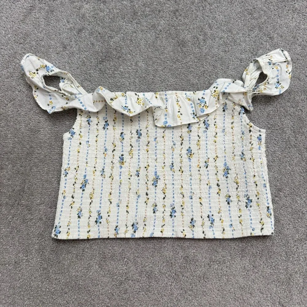 Wild Fable Smocked Cropped Off Shoulder Top Womens Large White Floral Ruffle